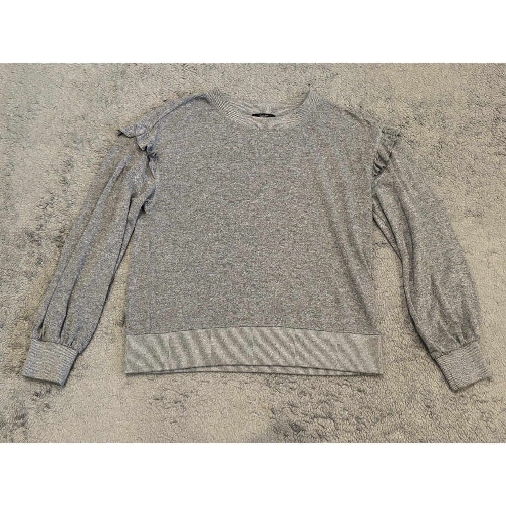T Tahari Sweater Womens Medium Gray Ruffle Shoulder Long Sleeve Pullover Knit